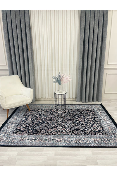 NAVY BLUE Traditional Motif FRINGED Classic Non-Slip Base Rug