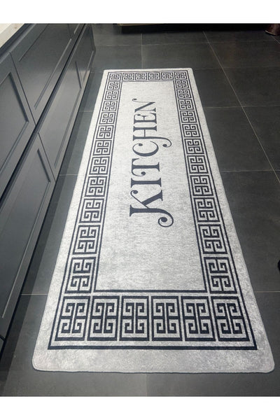 Kitchen Yazılı Bordürlü Mutfak Halısı Gri - Siyah