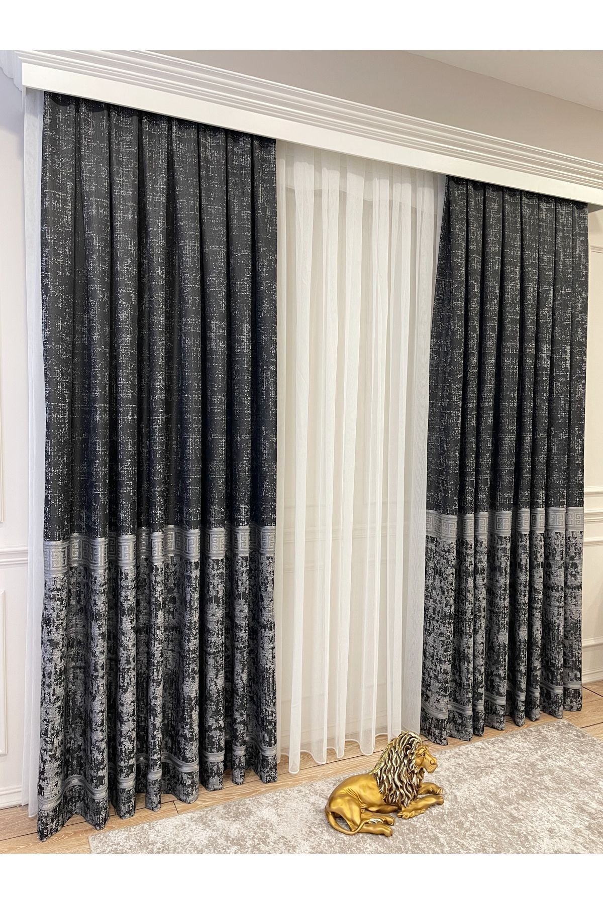 Gray Anthracite Bordered Pattern 1/3 Tight Pleat Jacquard Woven Blackout Curtain