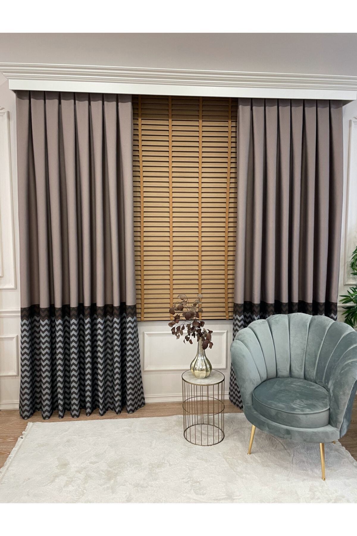 Jacquard 1/3 Dense Pleat Zigzag Striped Panel Print Blackout Curtain - Beige - Brown