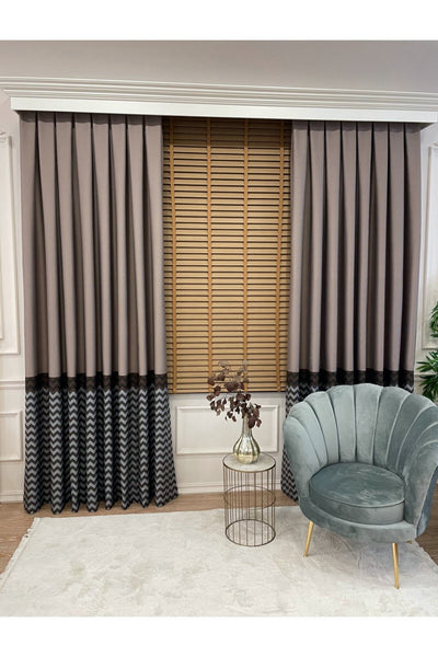 Jacquard 1/3 Dense Pleat Zigzag Striped Panel Print Blackout Curtain - Beige - Brown