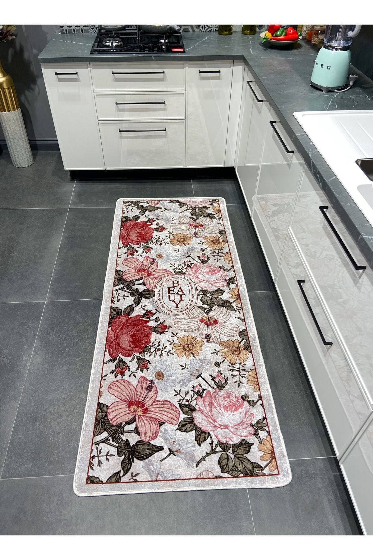Çiçek Desenli Lateks Deri Taban Kitchen Mutfak Halısı GRİ