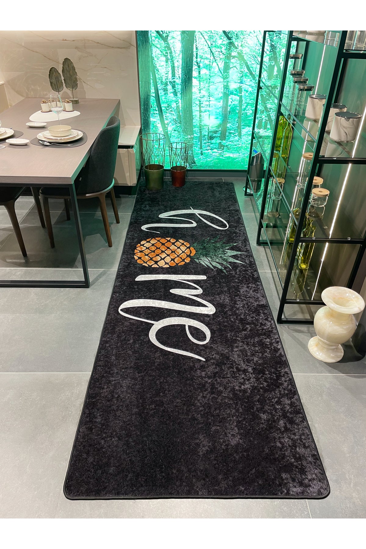 Home Pattern Latex Leather Base Kitchen Rug - BLACK