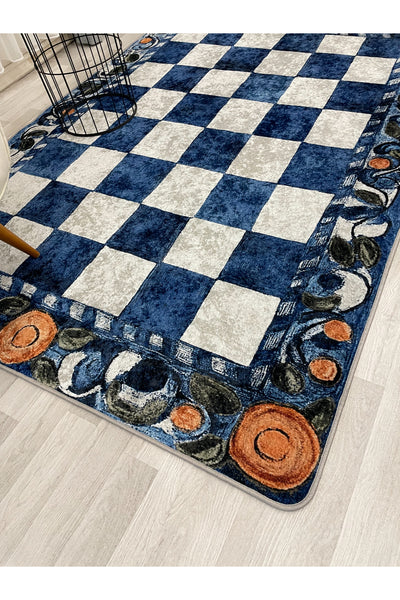 Beige Orange Checkered Pattern Non-Slip Base Kitchen Rug