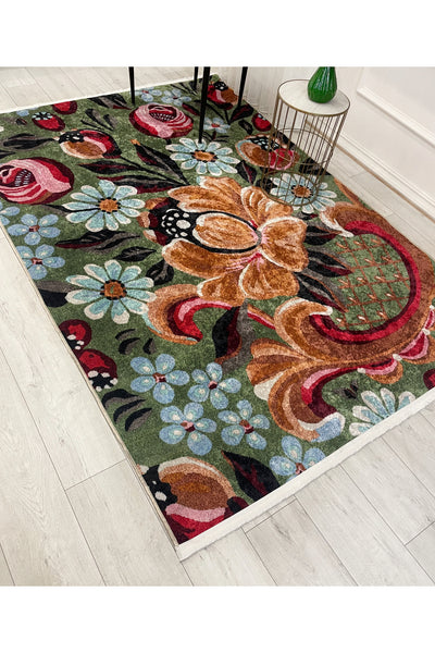 Green Floral Pattern Latex Base Rug
