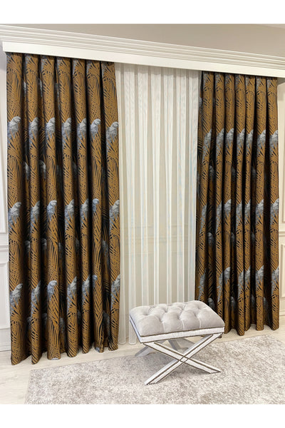 Brown-Navy Blue Bird Patterned 1/3 Dense Pleated Blackout Curtain