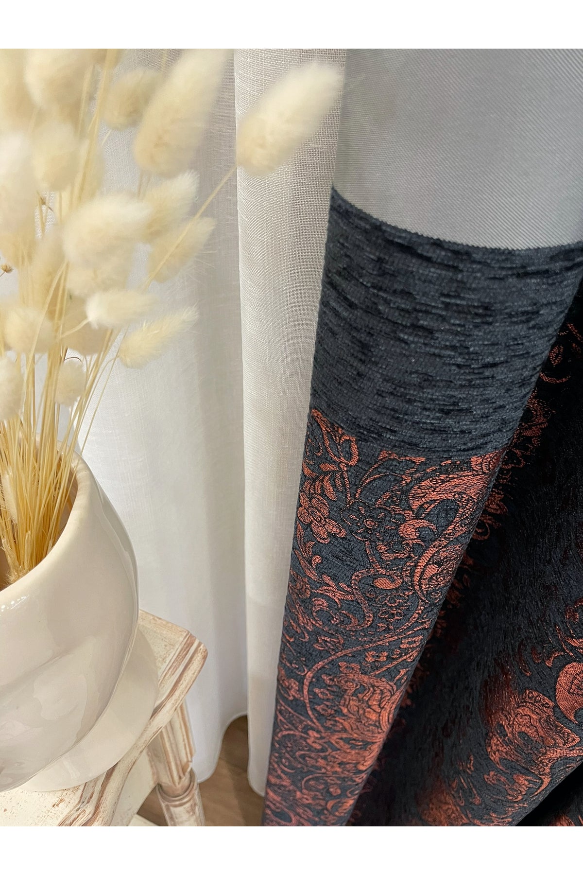 Gray Shawl Pattern 1/3 TIGHT PLEAT Jacquard Woven Blackout Curtain
