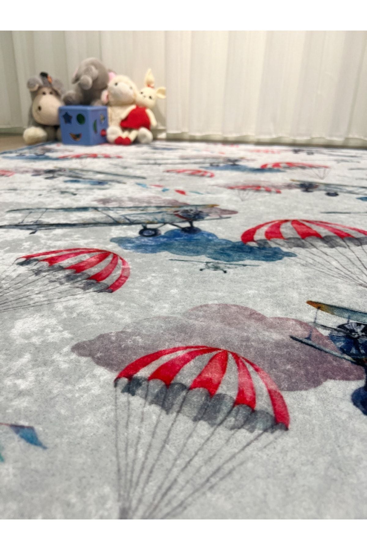 Uçak Desenli Yıkanabilir Çocuk Bebek Halısı - Mavi-gri