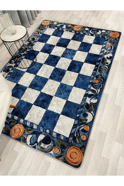 Beige Orange Checkered Pattern Non-Slip Base Kitchen Rug