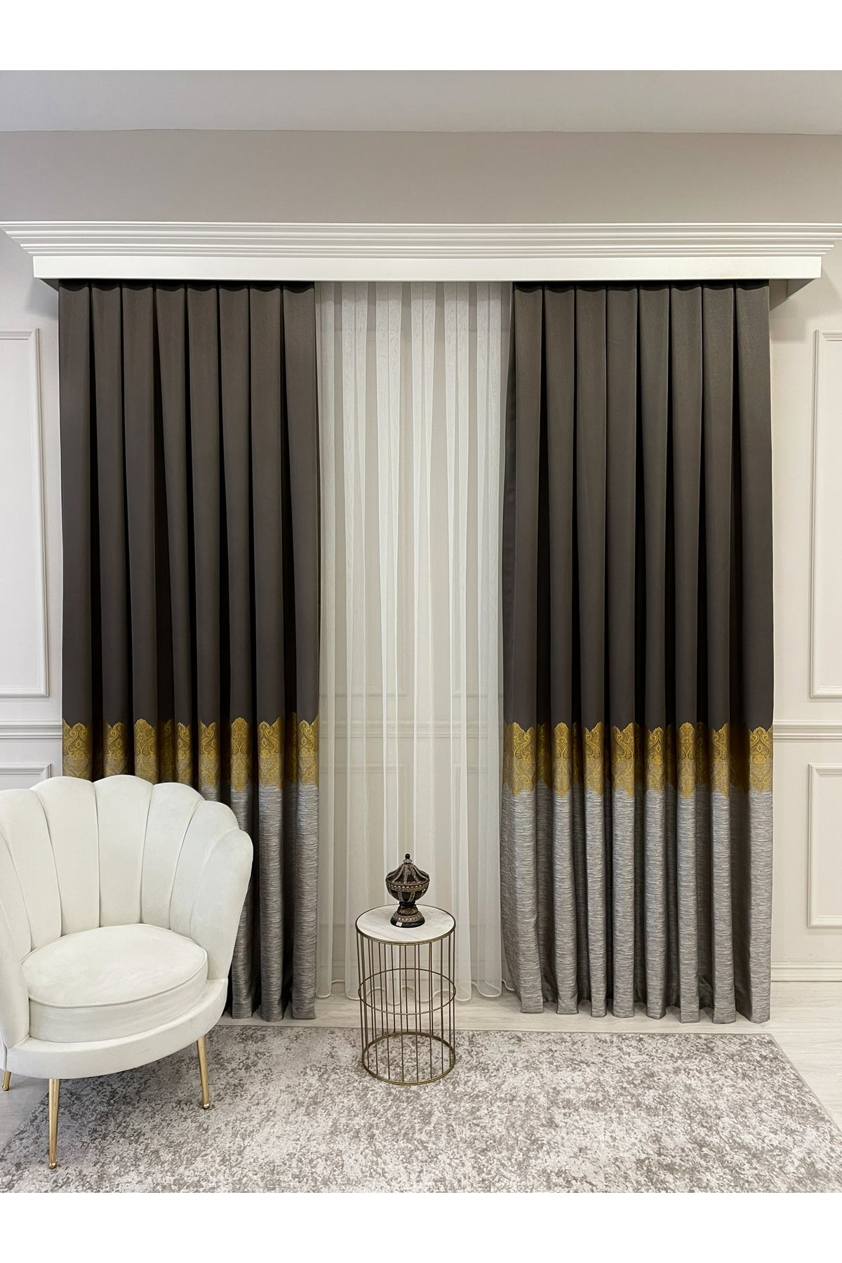 Brown Gold - Damask Patterned 1/3 Dense Pleated Blackout Curtain