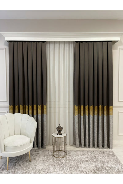 Brown Gold - Damask Patterned 1/3 Dense Pleated Blackout Curtain