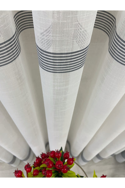 Linen-Look Banded 1/3 Dense Pleated - Ecru/Grey Sheer Curtain