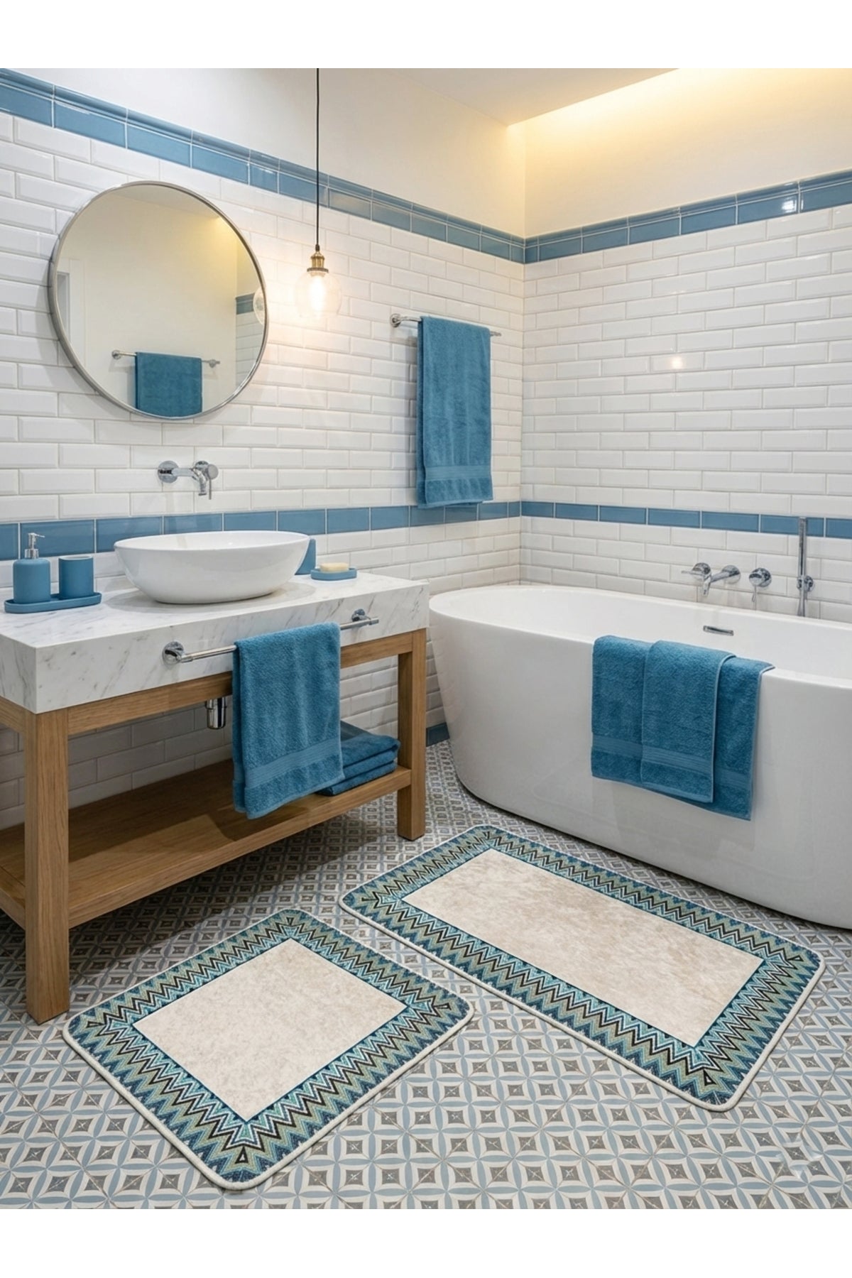 Mint Green - Zigzag Patterned Leather Base 2-Piece Bath Mat Set (60x100 - 60x50)