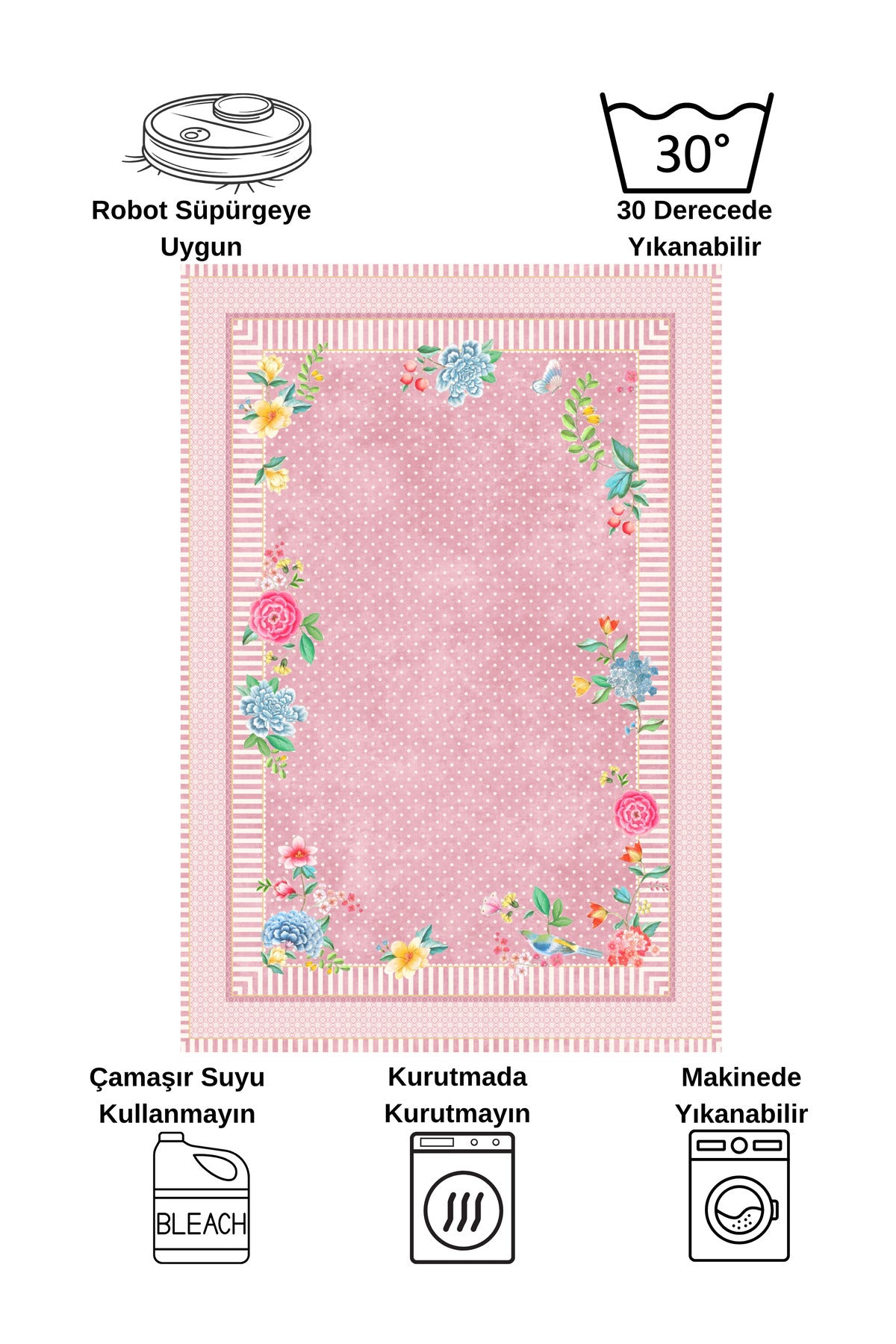 Blue Ground Rose Pattern Non-Slip Rug