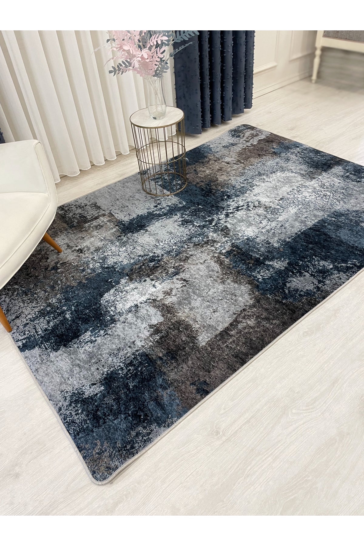 GRAY-NAVY Abstract Pattern Non-Slip Base Runner Rug