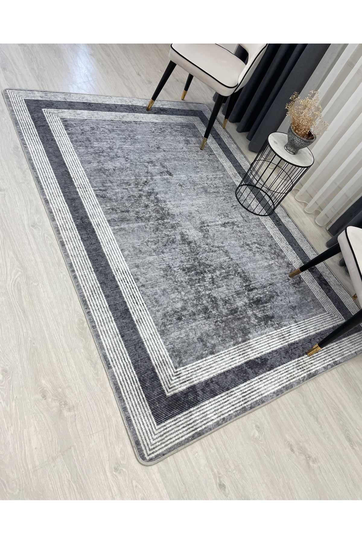 Light Gray Bordered Pattern Latex Leather-Backed Rug