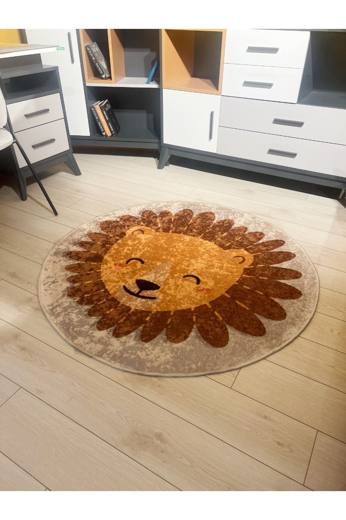 Lion Patterned Washable Kids Baby Rug - Beige Brown