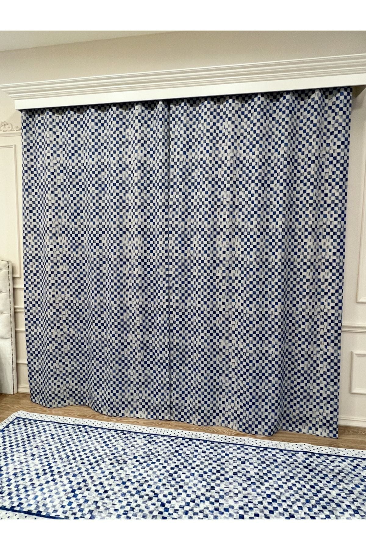No-Pleat Extra-Reinforced Checkered Blackout Curtain - Blue