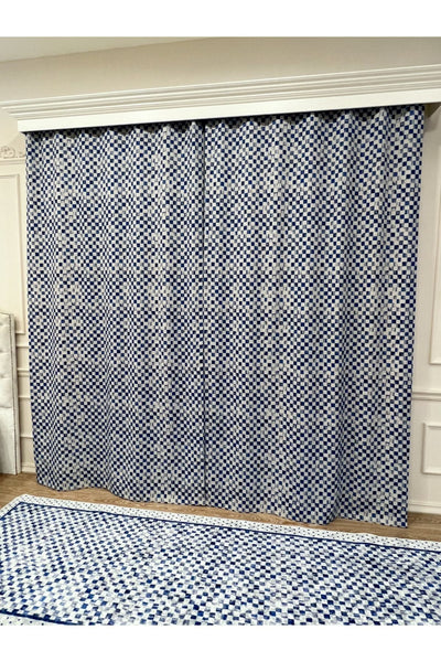 No-Pleat Extra-Reinforced Checkered Blackout Curtain - Blue