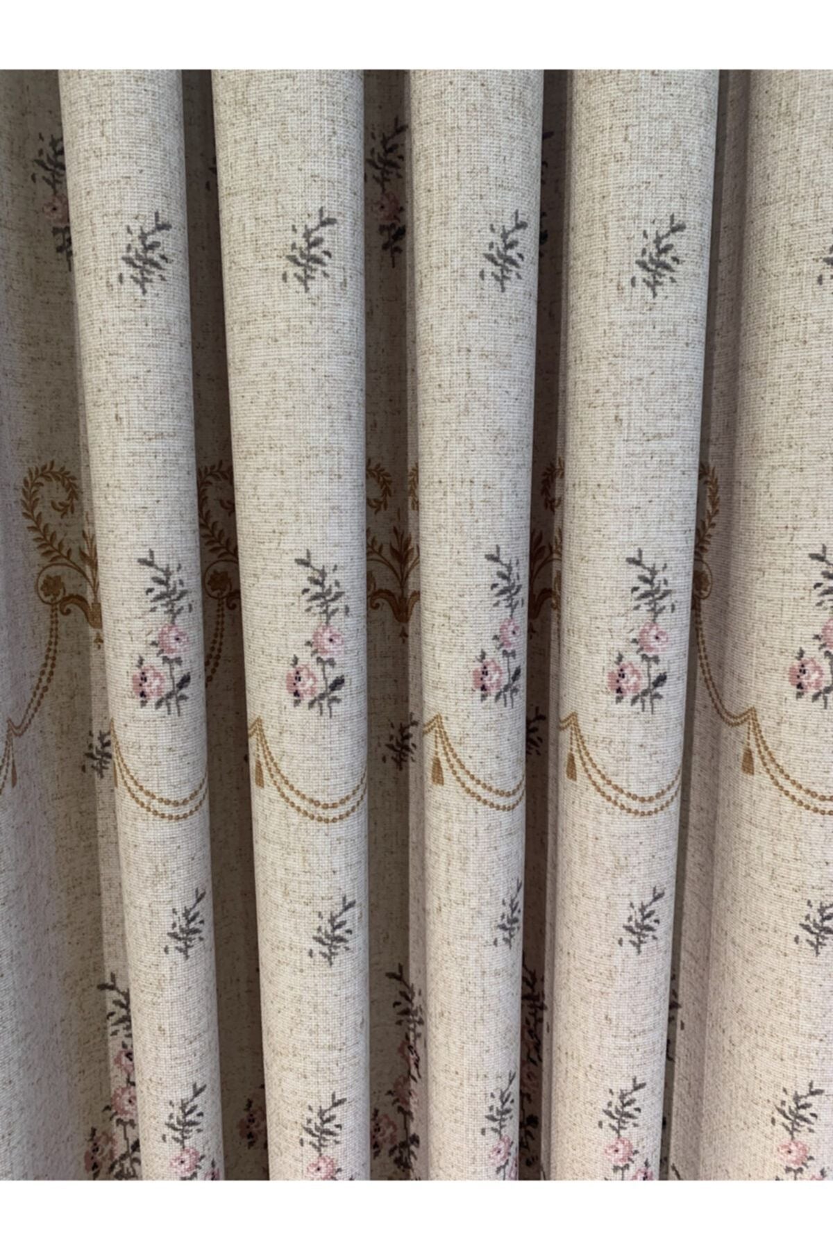 Country Collection 1/3 Dense Pleated Natural Linen Floral Blackout Curtain