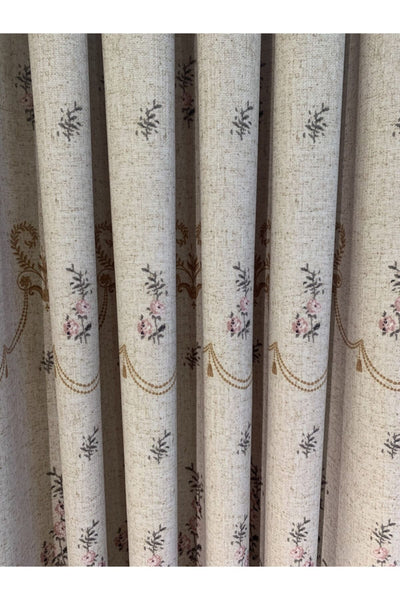 Country Collection 1/3 Dense Pleated Natural Linen Floral Blackout Curtain