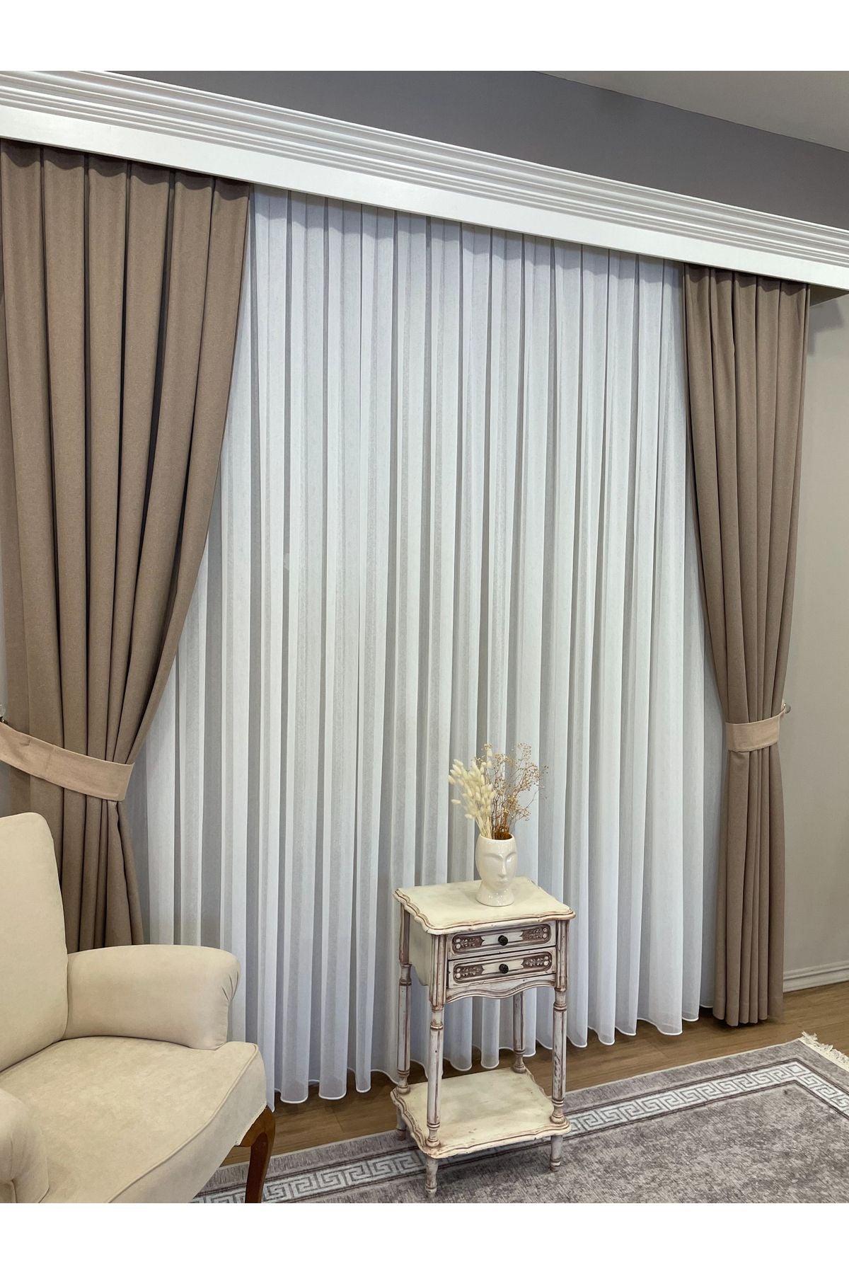 Ecru Linen-Effect 1/3 Dense Pleated Sheer Curtain