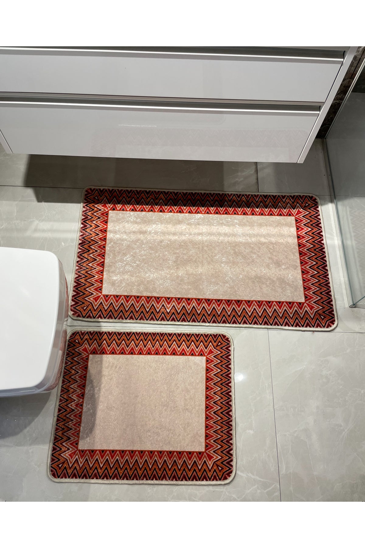 Mint Green - Zigzag Patterned Leather Base 2-Piece Bath Mat Set (60x100 - 60x50)