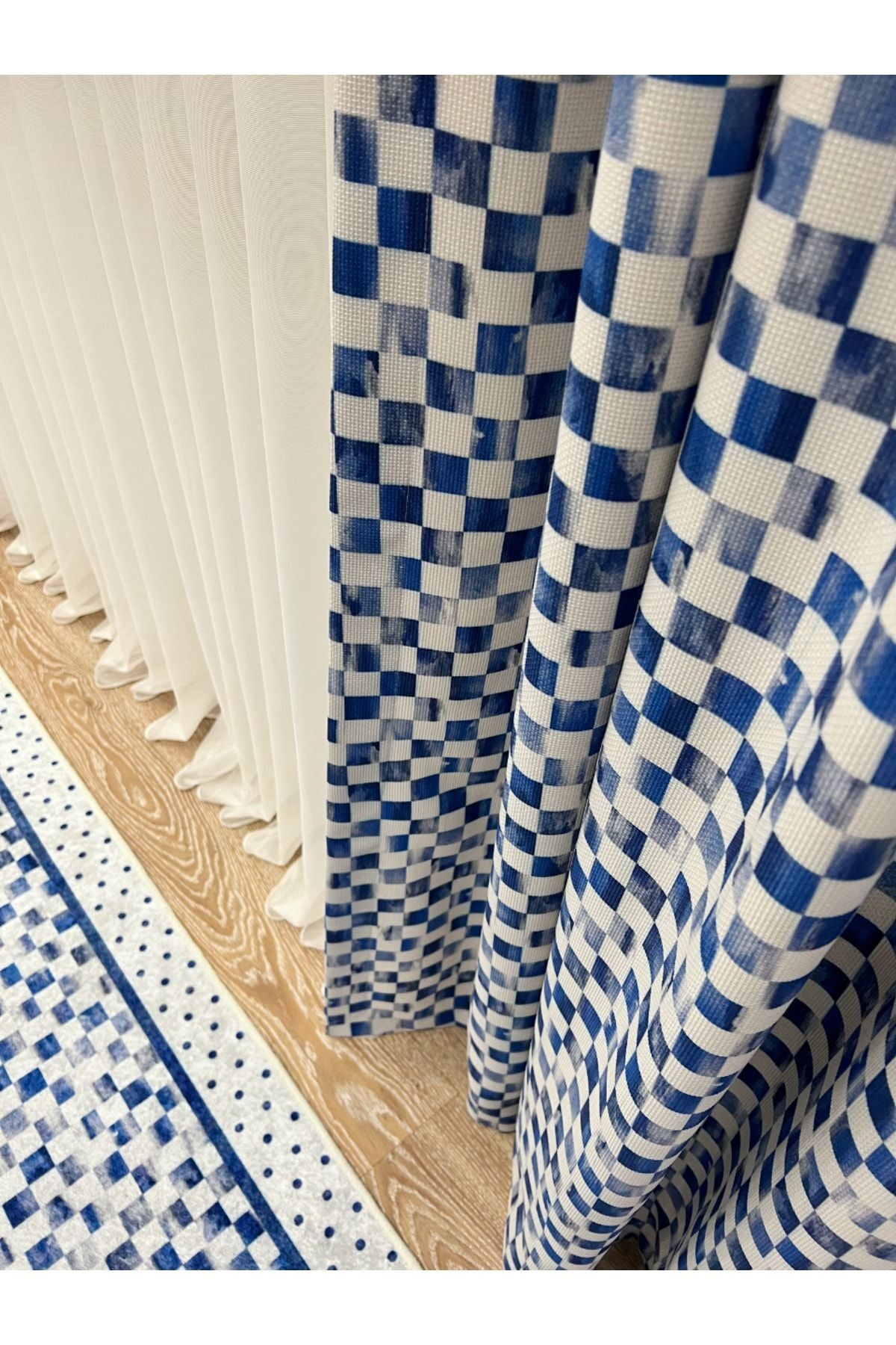 No-Pleat Extra-Reinforced Checkered Blackout Curtain - Blue