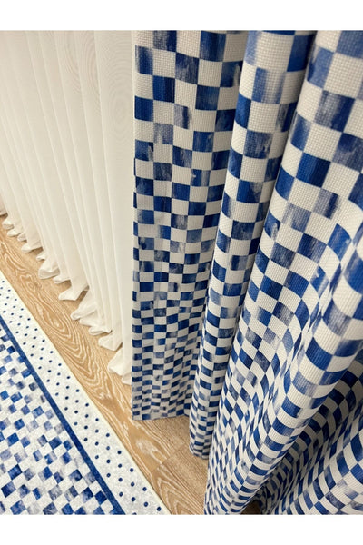 No-Pleat Extra-Reinforced Checkered Blackout Curtain - Blue