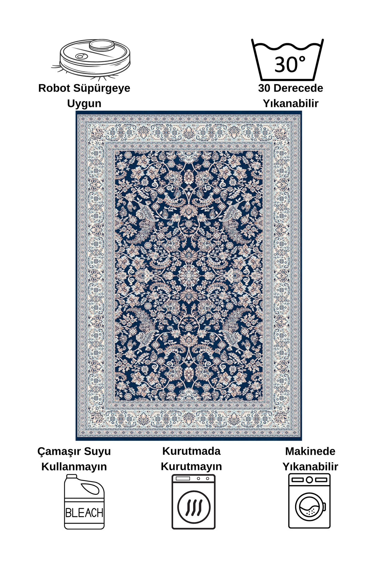 NAVY BLUE Traditional Motif FRINGED Classic Non-Slip Base Rug