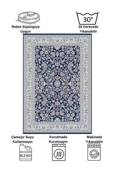 NAVY BLUE Traditional Motif FRINGED Classic Non-Slip Base Rug