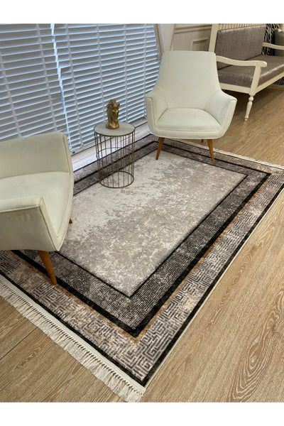 Vilmar Modern Striped Latex Leather Base Fringed Rug - Beige