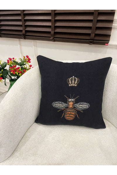 Queen Bee Embroidery Look Woven Fabric Throw Pillow Cover 45x45