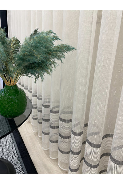 Modern Shantung Banded 1/3 Dense Pleat - Ecru/Gray Sheer Curtain