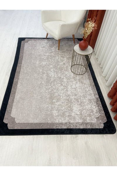 BEIGE-BLACK Framed Border Modern Pattern Latex Base Rug