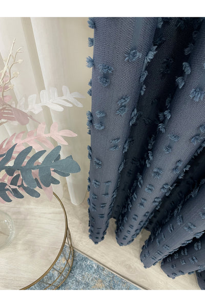 Indigo Blue Pompom Puffy Blackout Curtain 1/3 Dense Pleat