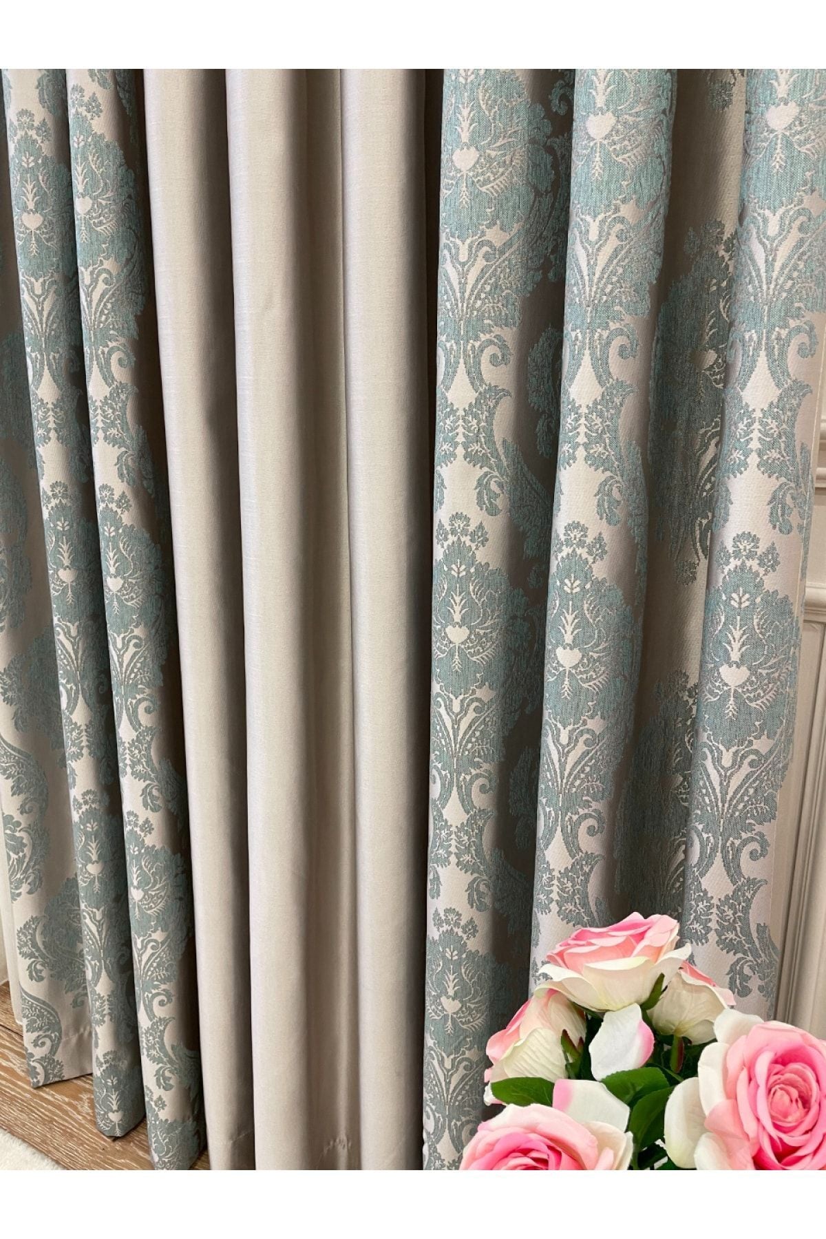 Jakarlı 1/3 Sık Pile Damask Desen Saten Zeminli Pano Desen Fon Perde Bej - Mint Yeşil