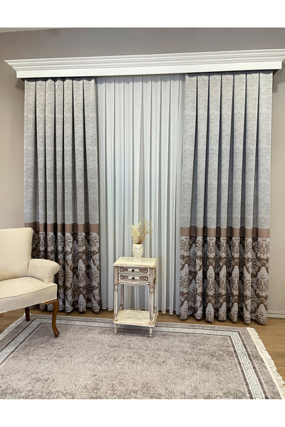 Gray Brown Damask Pattern Jacquard 1/3 Tight Pleat Jacquard Blackout Curtain