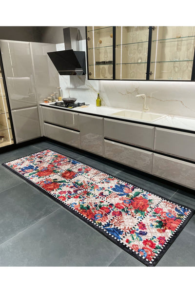 Beige Black Floral Checkered Kitchen Rug