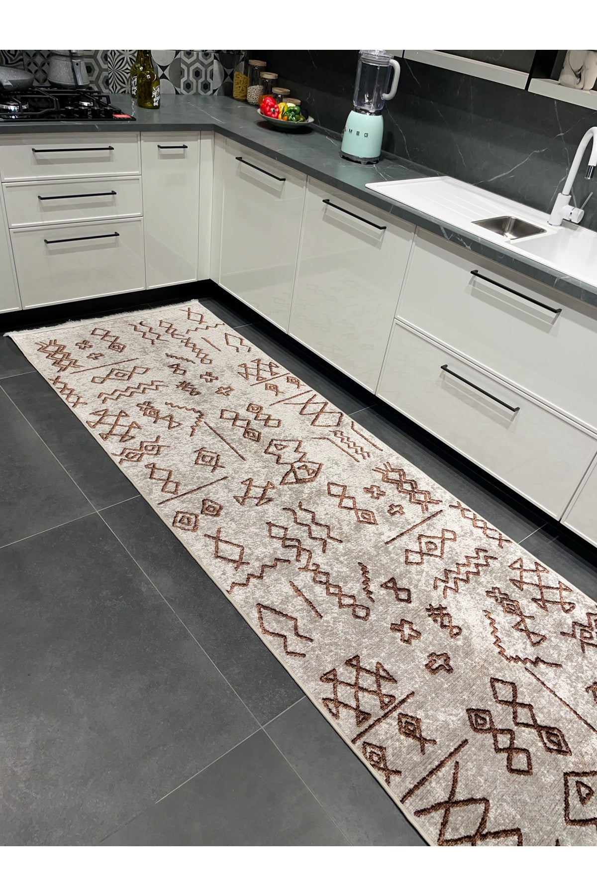BEIGE Ethnic Patterned Latex Base Kitchen Rug
