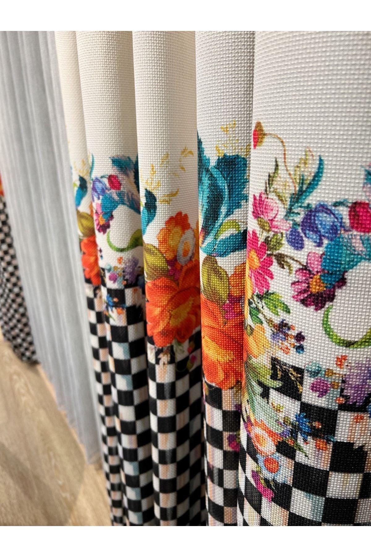 1/3 Dense Pleated Checkered Floral Curtain Panel - Beige-Black