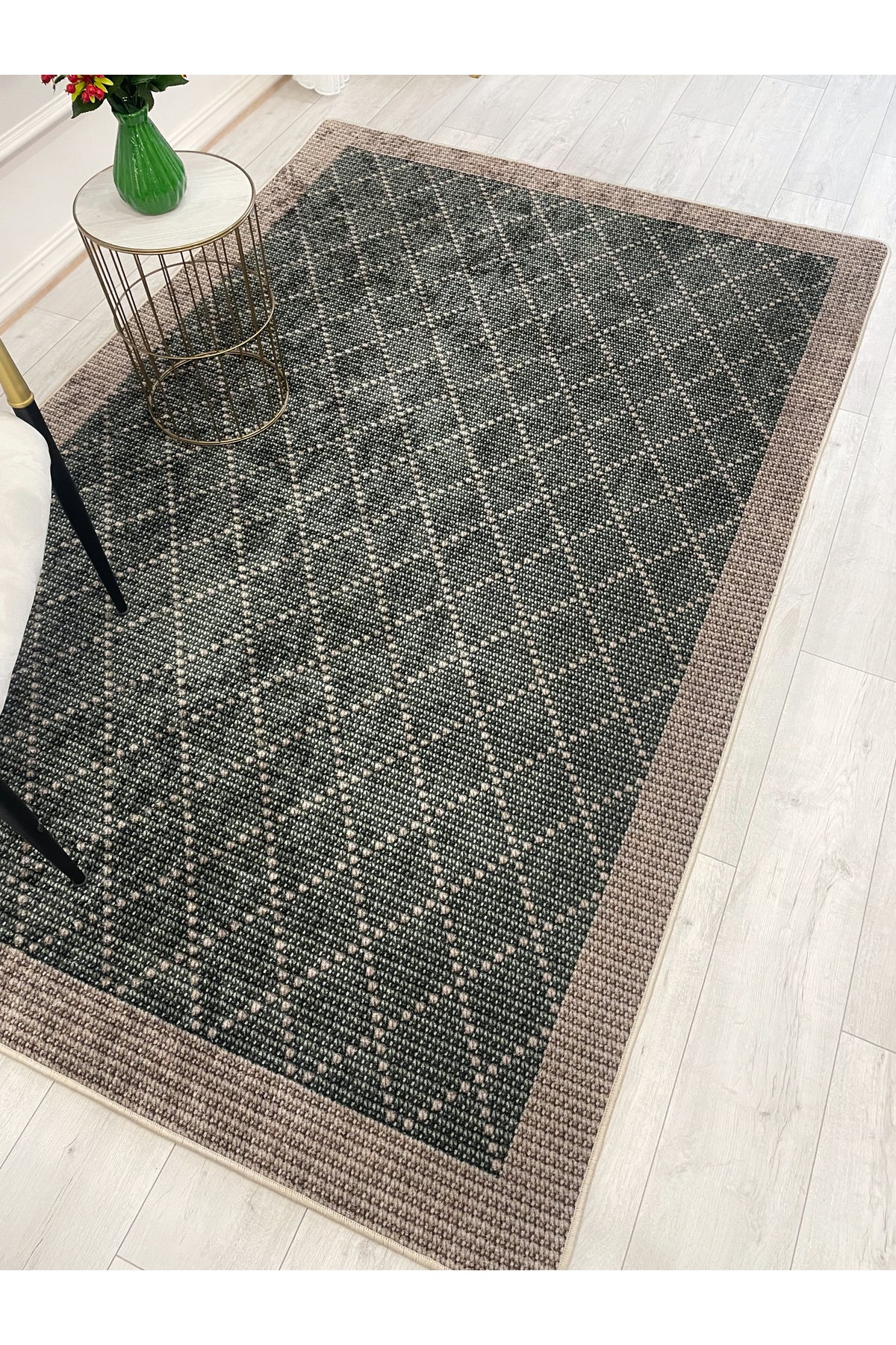 GREEN-BROWN Jute Sisal Look Bordered Non-Slip Base Runner Rug