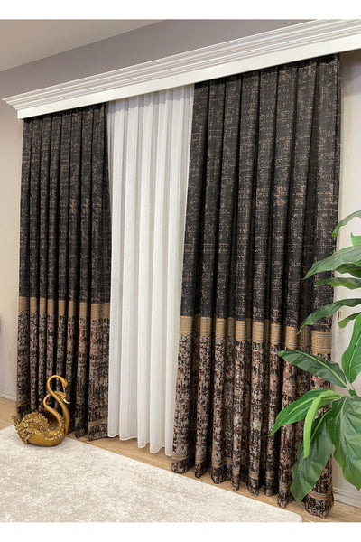 Gray Anthracite Bordered Pattern 1/3 Tight Pleat Jacquard Woven Blackout Curtain