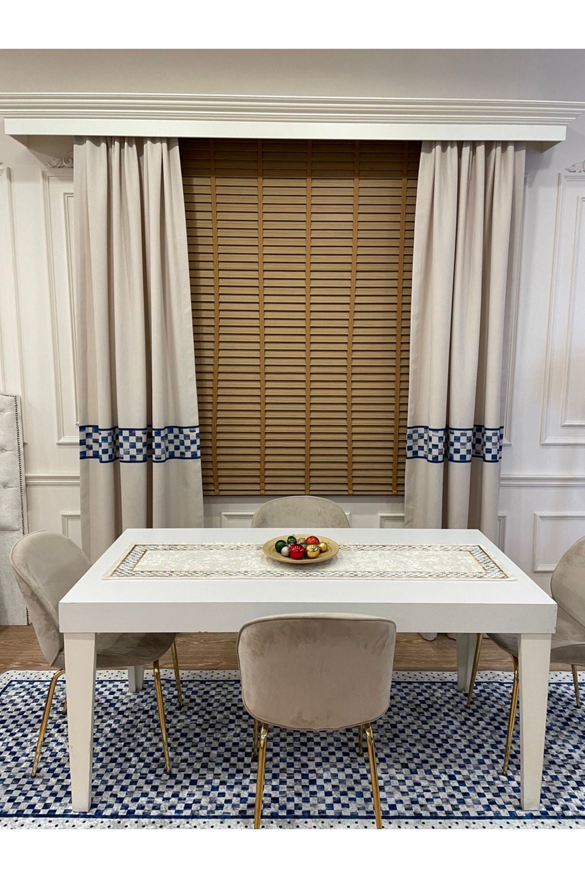 No-Pleat Extra-Reinforced Checkered Blackout Curtain - Beige-Blue