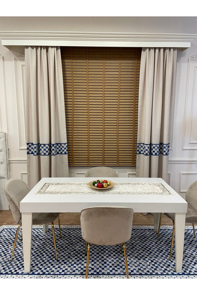 No-Pleat Extra-Reinforced Checkered Blackout Curtain - Beige-Blue