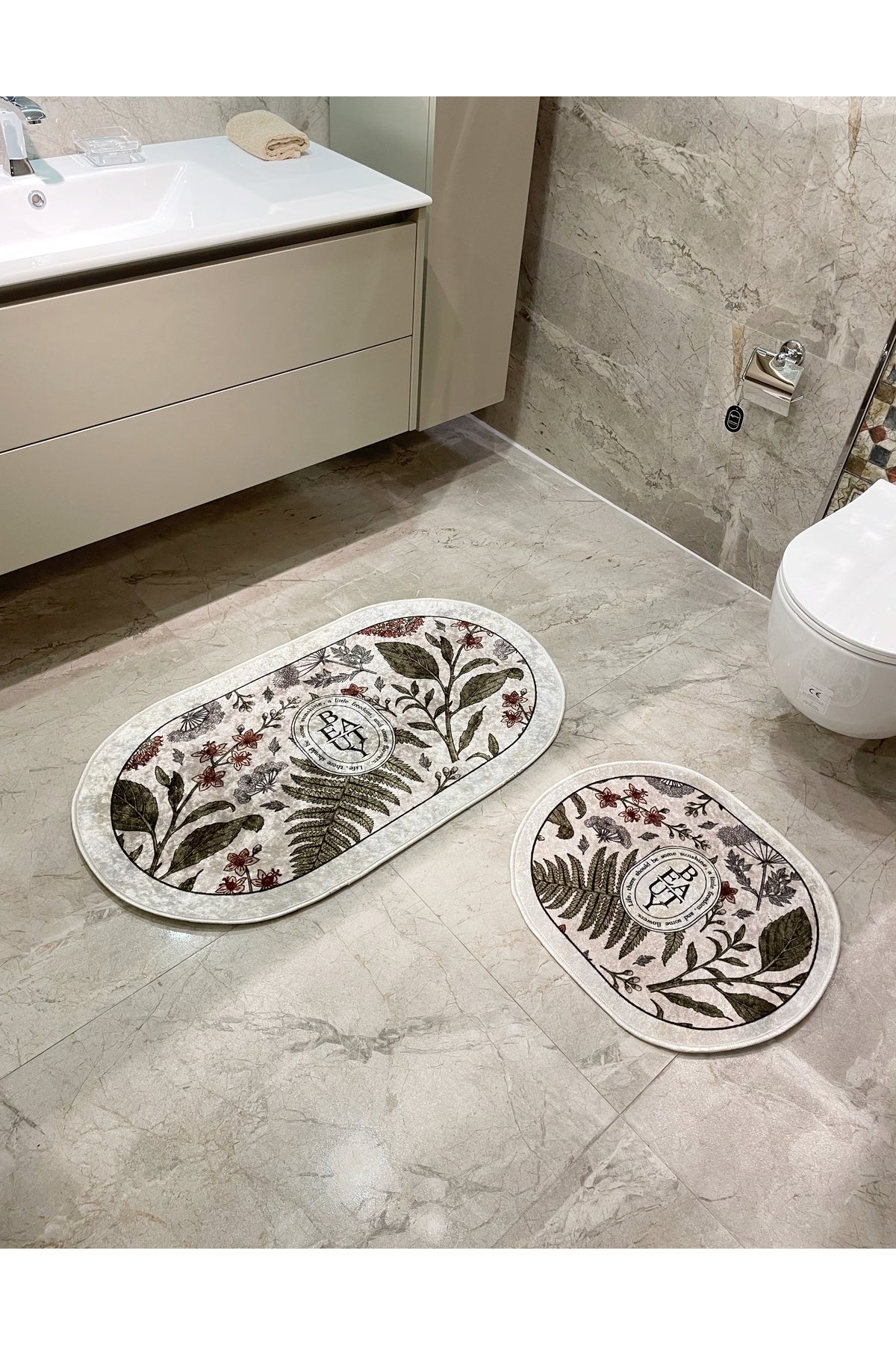 2 li Çiçek Desenli 60x100 - 60x50 Beauty Lateks Taban Banyo Paspas