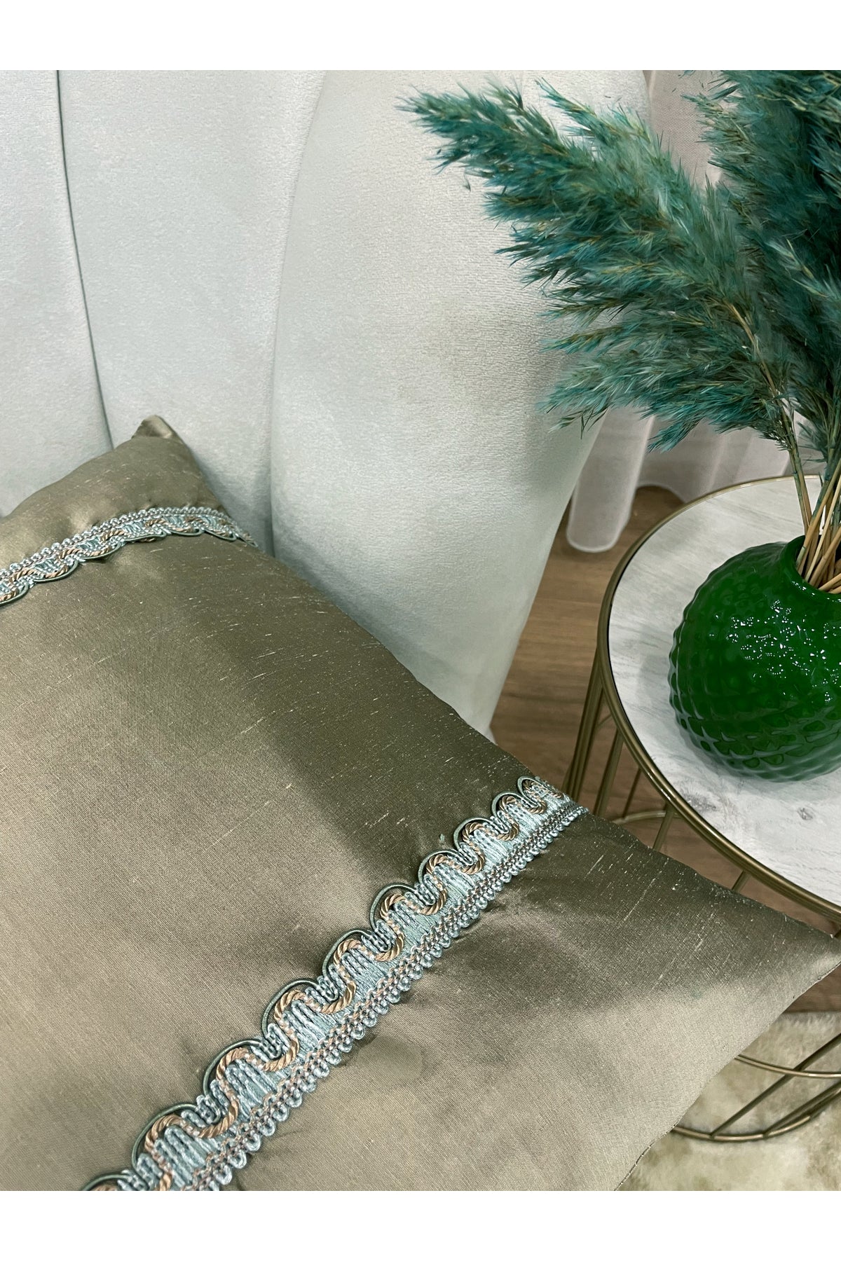 Imported Silk Cushion Pillow Cover with Cord (Oil Green)