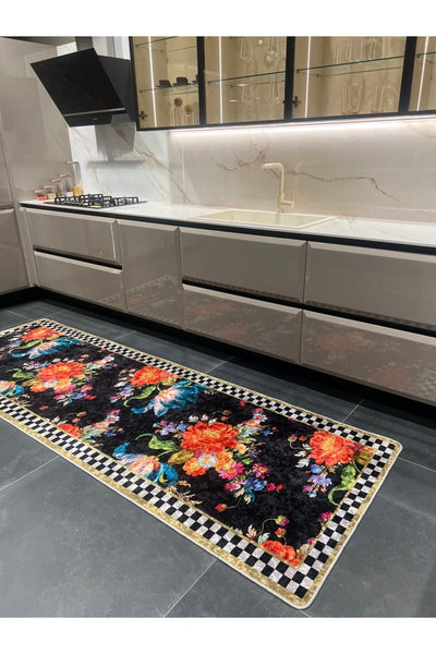 Checkered Floral Latex Non-Slip Base Kitchen Rug - Mink Brown