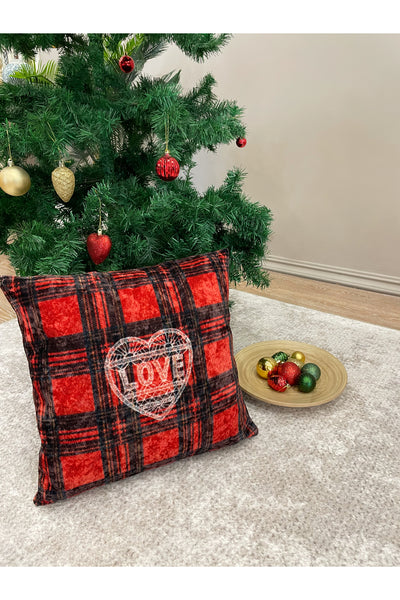 Love Plaid Pattern Velvet Cushion Cover (RED)