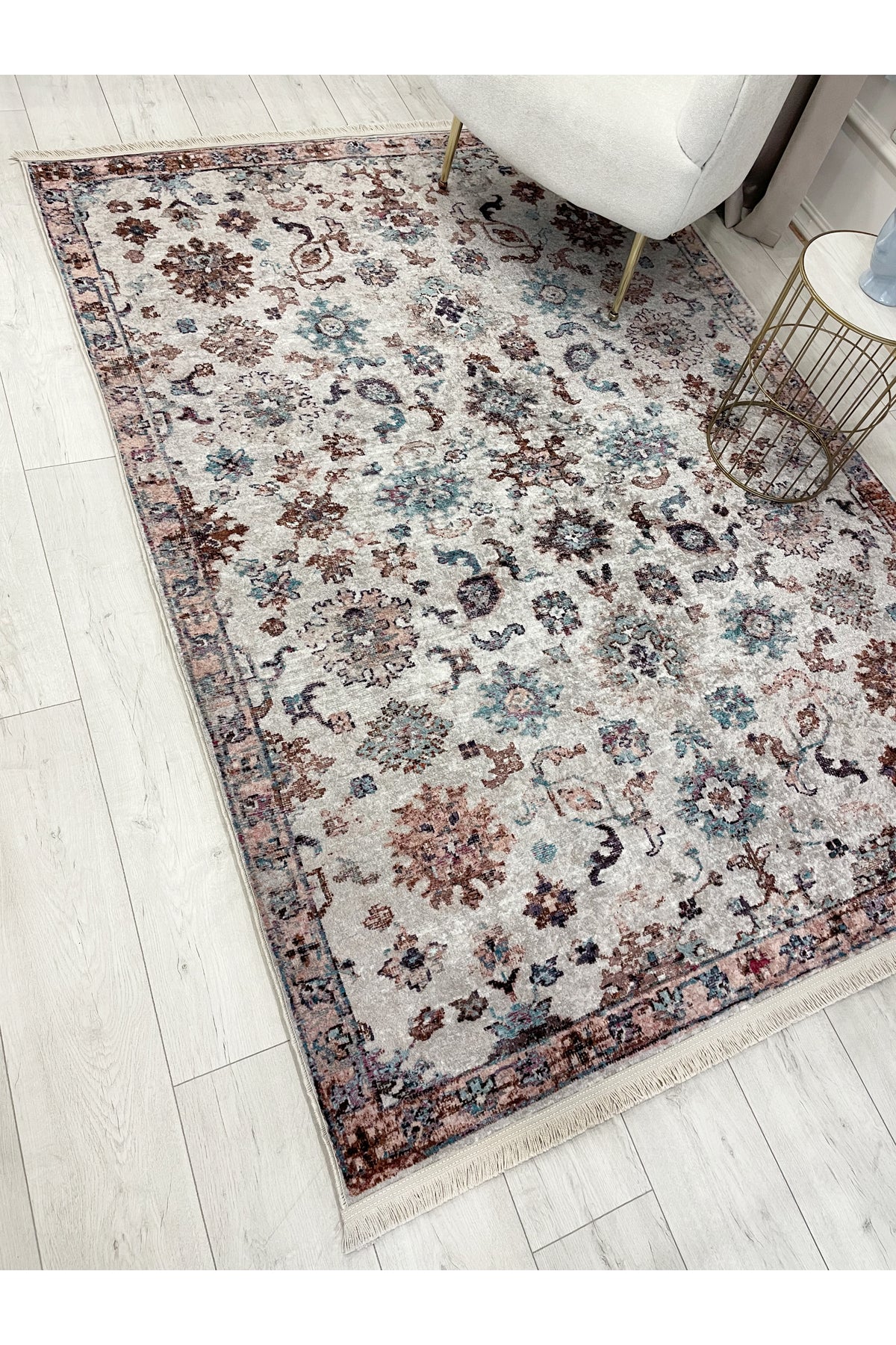 BEIGE Traditional Patterned FRINGED Classic Non-Slip Base Rug